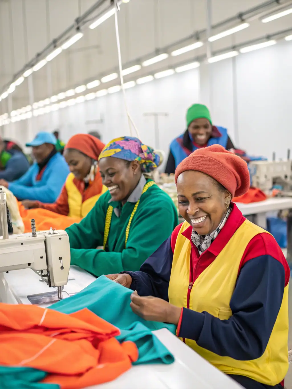 A worker in a fair-trade certified factory, smiling and working on a sewing machine, emphasizing AREMEADOW's ethical production practices.